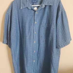 Towncraft Blue denim w white windowpane stripe short sleeved Cotton Shirt